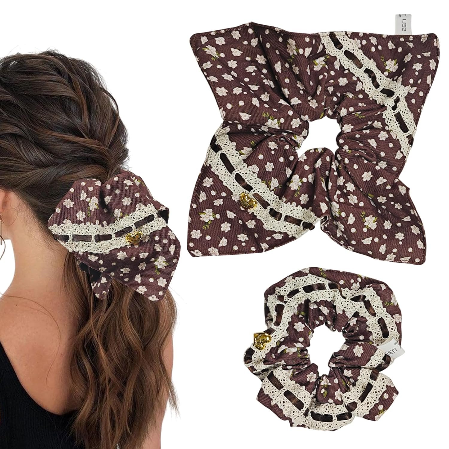 UmiiArt 2pcs Classic Floral Lace Sq. Scrunchies for Ladies Ladies, French-Impressed Outsized Hair Ties for Thick Hair, Elegant Cute Pony Tail Holders for Wedding ceremony Celebration Workplace (Brown)