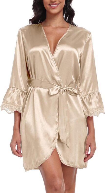 Ladies’s Satin Gown Brief Lace Trim Silk Kimono Bride Bridesmaids Gown with 3/4 Sleeve Horny Sleepwear