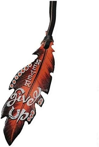 Leather-based Hand Painted Copper “By no means Give Up” Tie-On Feather