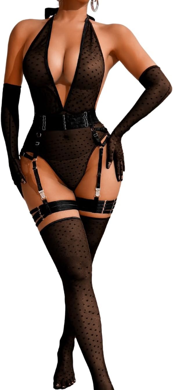 Sheer Mesh Bodysuit, Horny 5PC Lingerie For Girls, Plunge Neck Halter Backless, Garter Belt Thigh Excessive Stockings