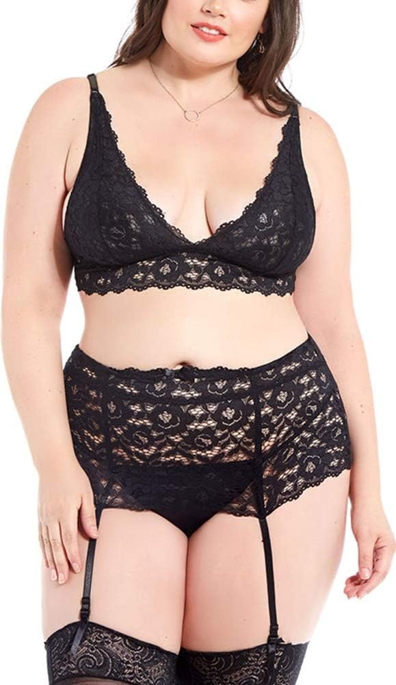 Ella Lust Plus Measurement Lingerie Set for Girls – Horny Unique Floral Lace Bra Excessive Waist Skirt Garter Belt with Thong 3 Pcs