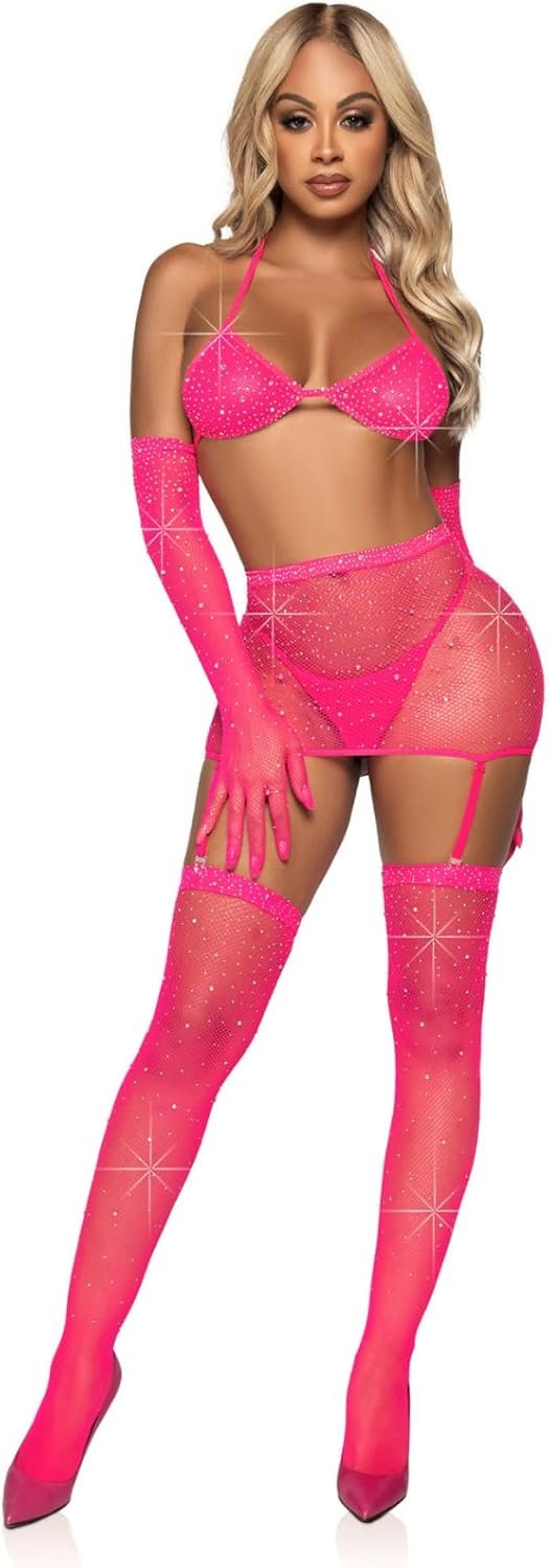 Leg Avenue Ladies’s 5 Laptop Rhinestone Fishnet Garter Skirt Set with Bikini High, G-String, Gloves, Stockings