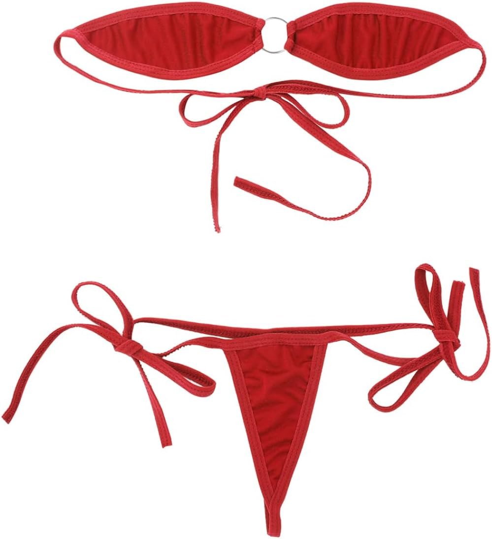 Micro Bikini Set For Ladies With Bandeau Bra And Tie – On String Seductive Two – Piece Pink One Dimension