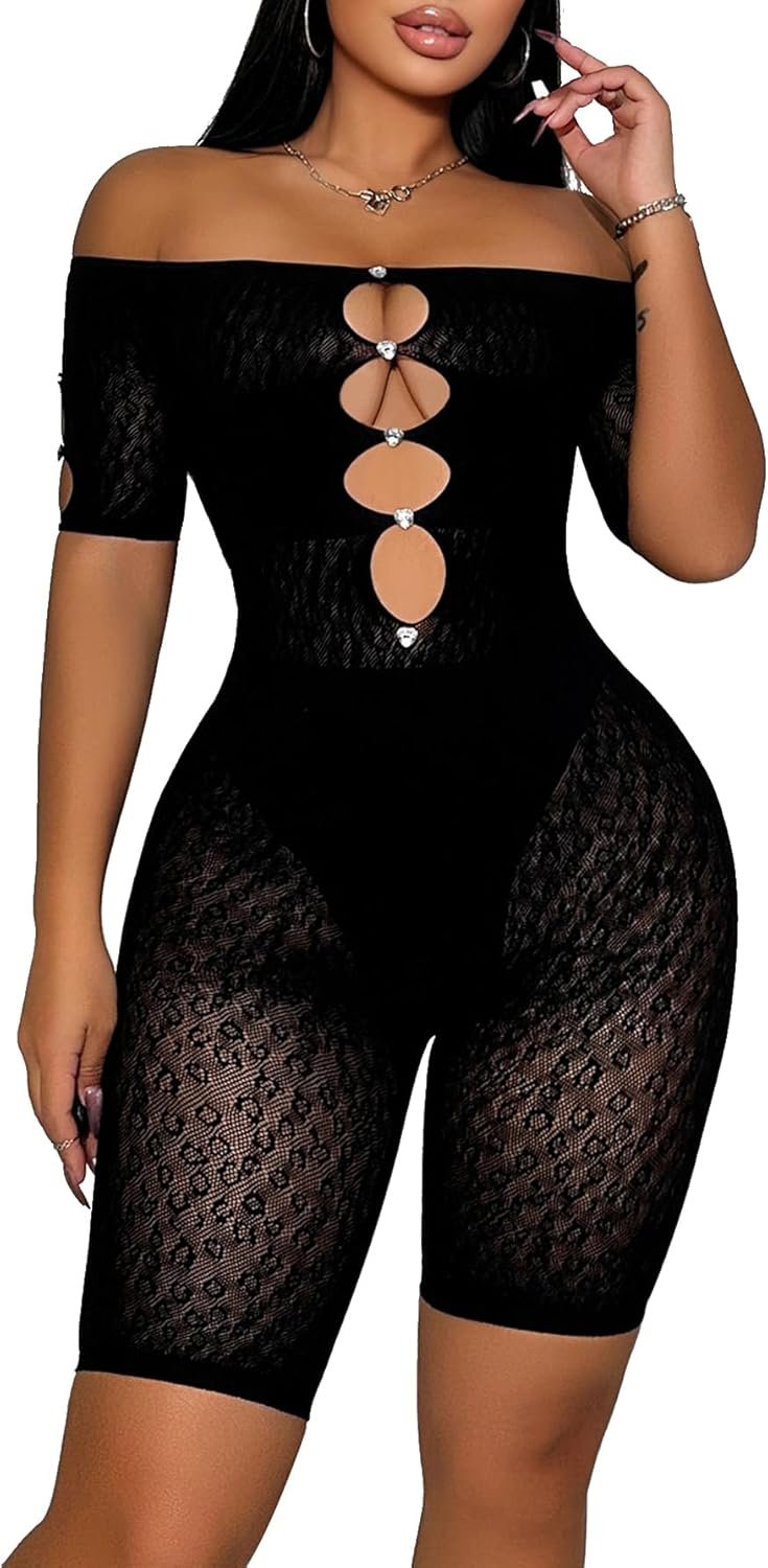 Ladies Attractive See By means of Rhinestone Mesh Off The Shoulder Hole Leopard Print Quick Sleeve One Piece Jumpsuit