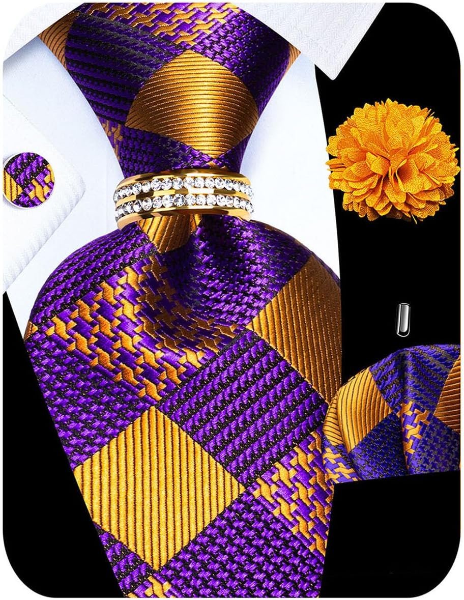 5PCS Mens Silk Tie, Pocket Sq., Cufflinks, Drilled Tie Ring and Lapel Pin Set for Wedding ceremony Groom Celebration