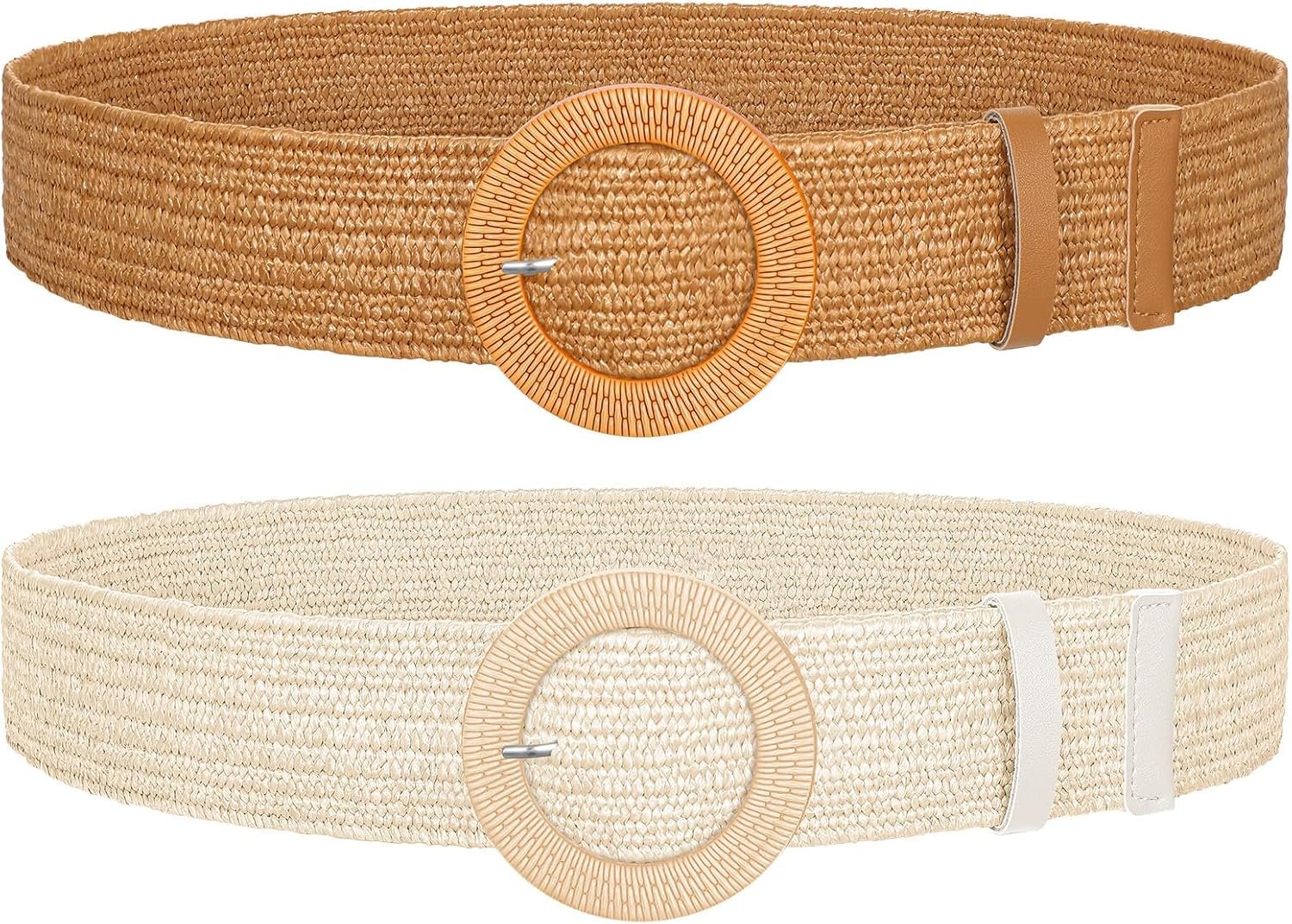 SUOSDEY 2 Pack Straw Woven Elastic Belt Braided Stretch Broad Boho Rattan Waist Belt for Ladies Attire