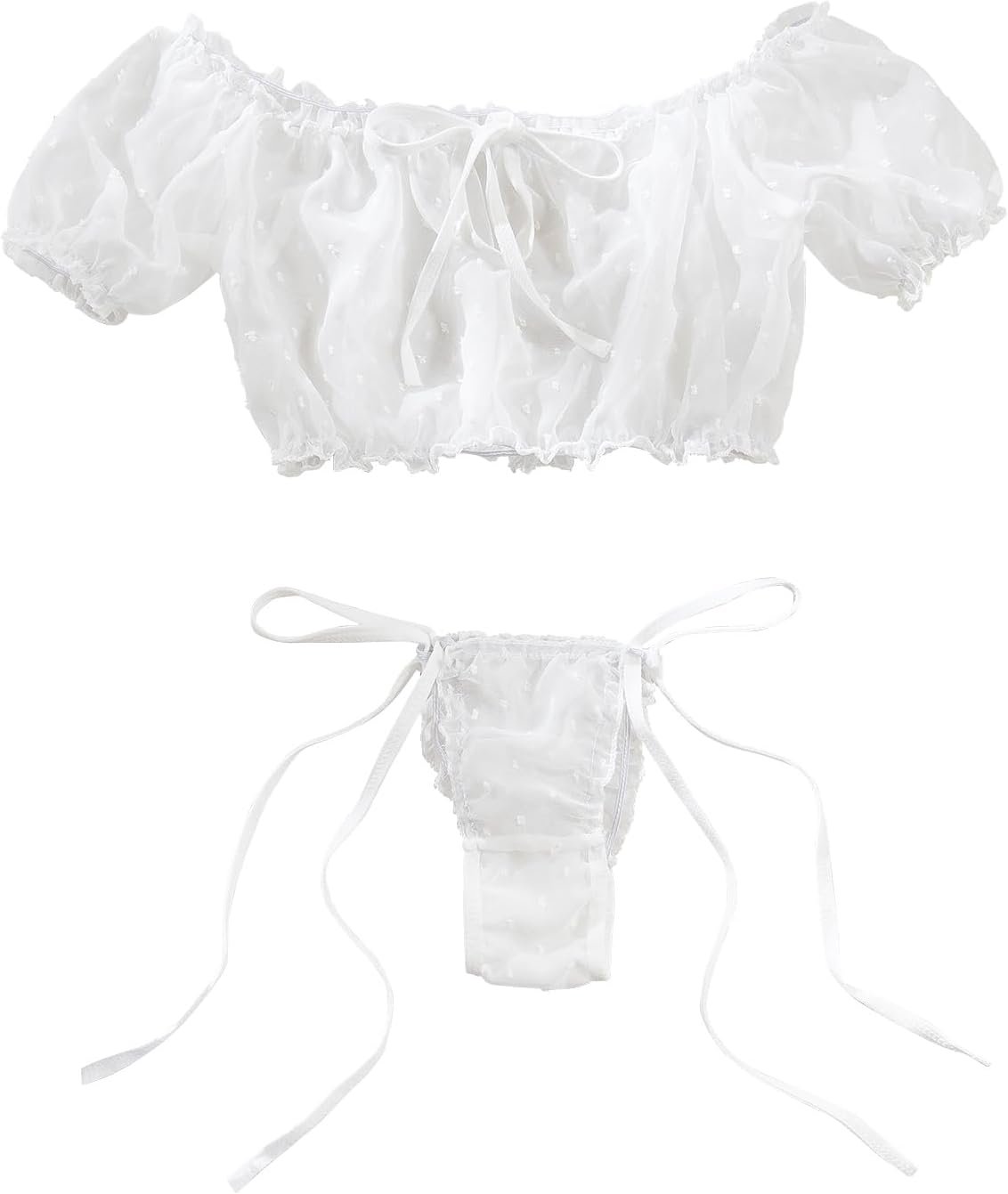 Lilosy Horny Stretch Ruffle Tie Sheer Mesh Lingerie Set Outfits