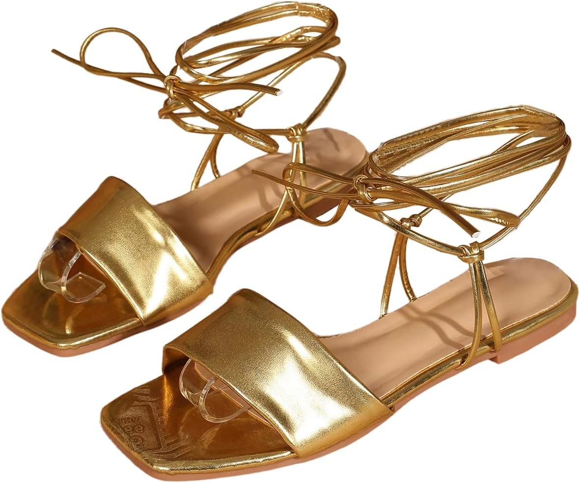 GORGLITTER Girls’s Criss Cross Strappy Lace Up Flat Sandals Metallic Sq. Open Toe Dressy Sandals