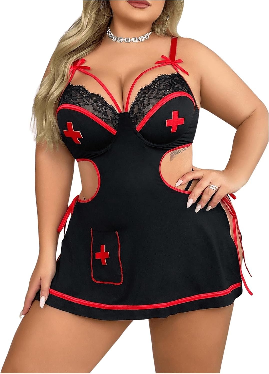 WDIRARA Ladies’s Plus Measurement 3 Piece Babydoll Lingerie Set Nurse Roleplay Costume Facet Tie Lace Cutout Nightdress