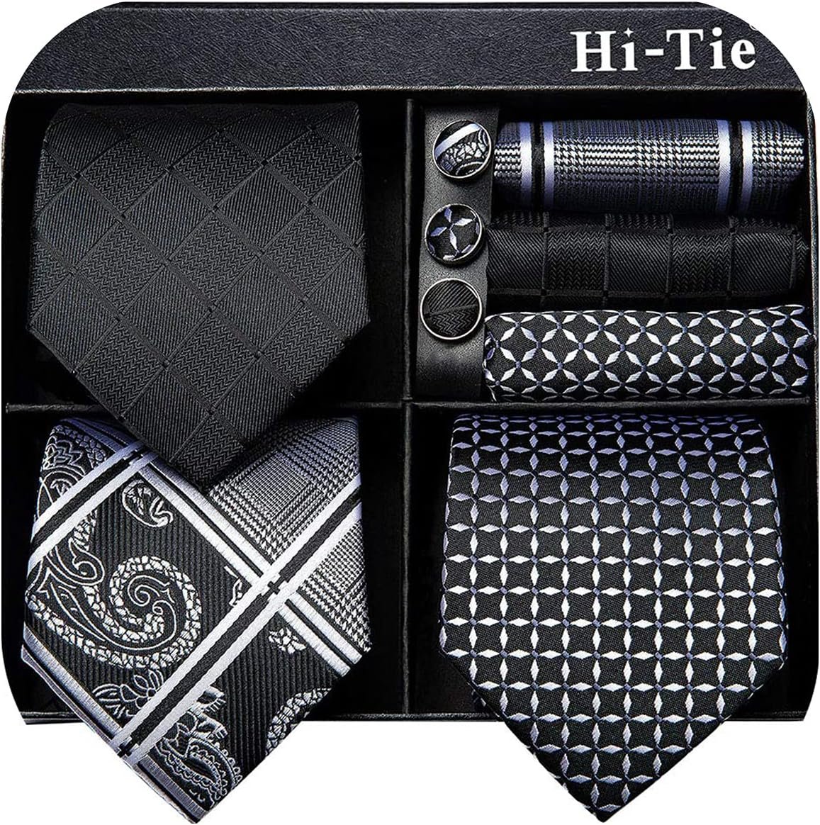Hello-Tie 3 Pcs Reward Field Mens Tie Set Necktie with Pocket Sq. Cufflinks Lapel Pin Silk Neck Tie Assortment
