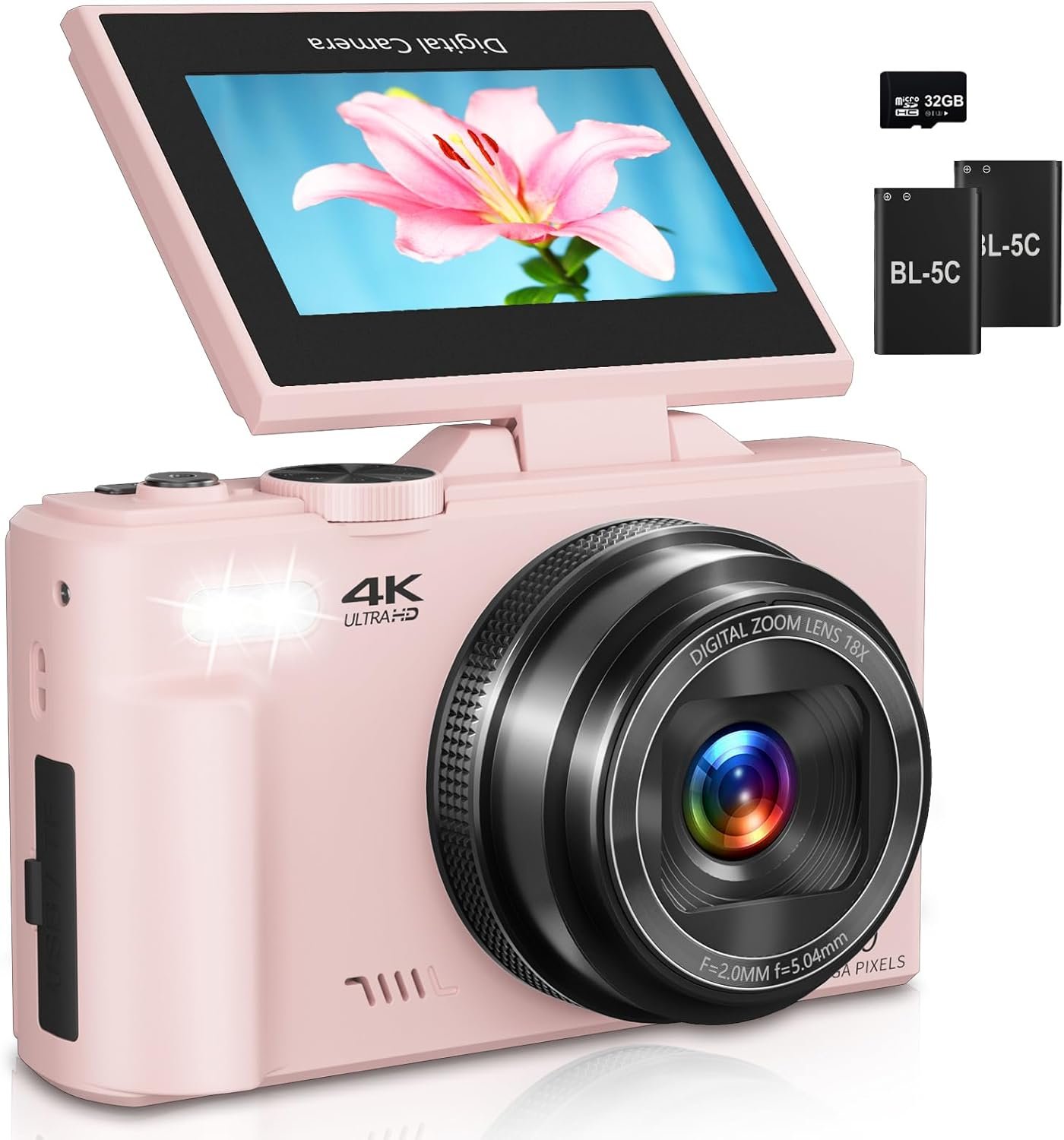 Digital Camera for Photography, 4K Vlogging Camera for YouTube 3″ 180° Flip Screen 18X Digital Zoom Compact Cameras with 32GB TF Card & 2 Batteries, Pink